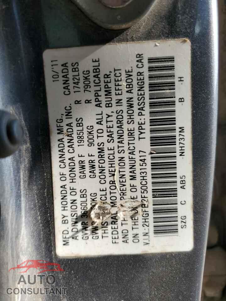 HONDA CIVIC 2012 - 2HGFB2F50CH315417