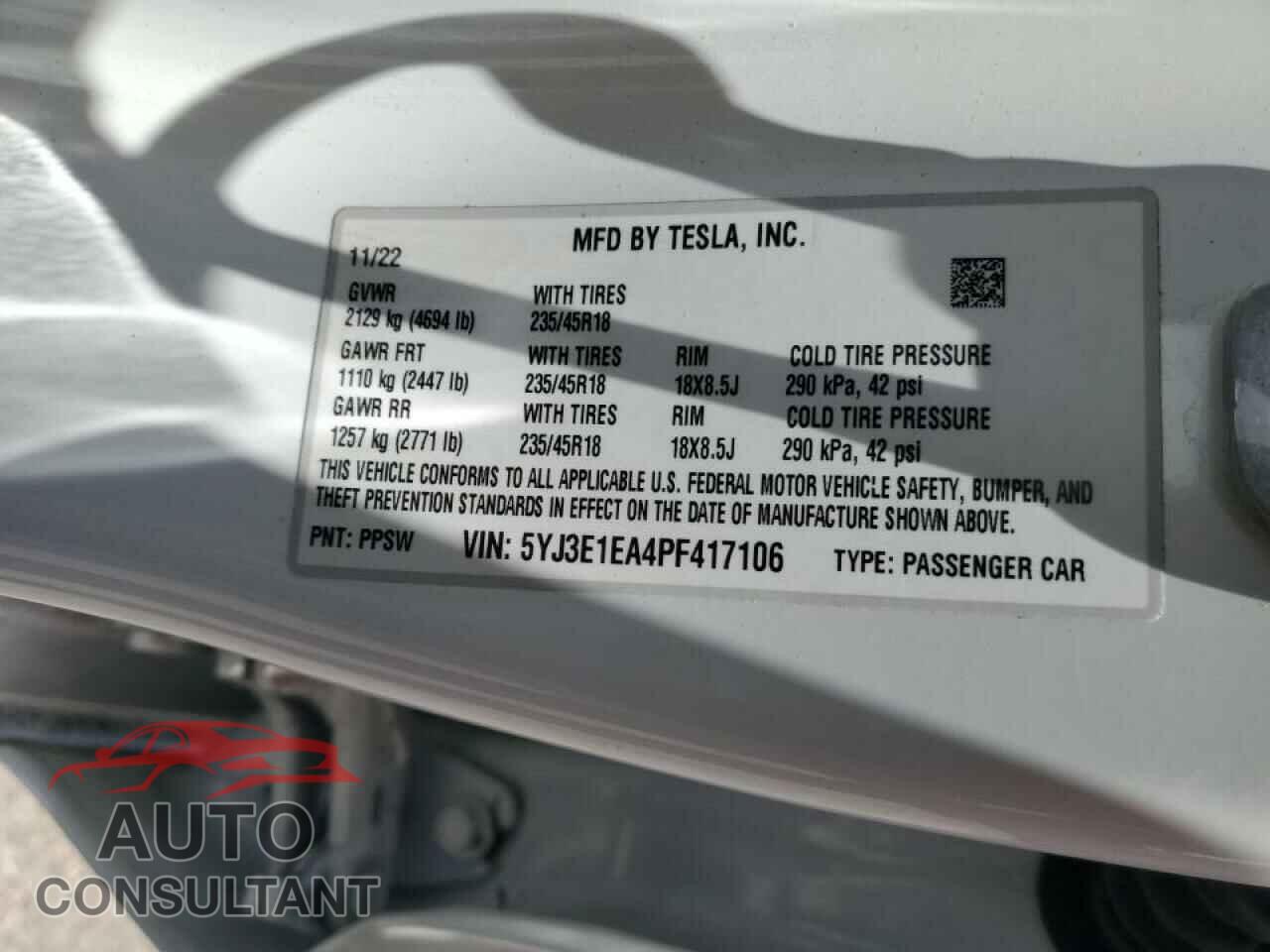 TESLA MODEL 3 2023 - 5YJ3E1EA4PF417106