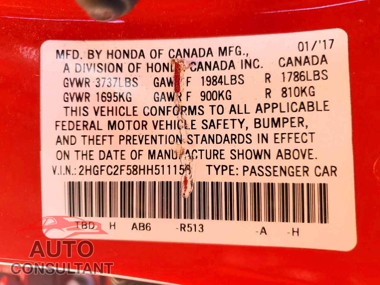 HONDA CIVIC 2017 - 2HGFC2F58HH511156
