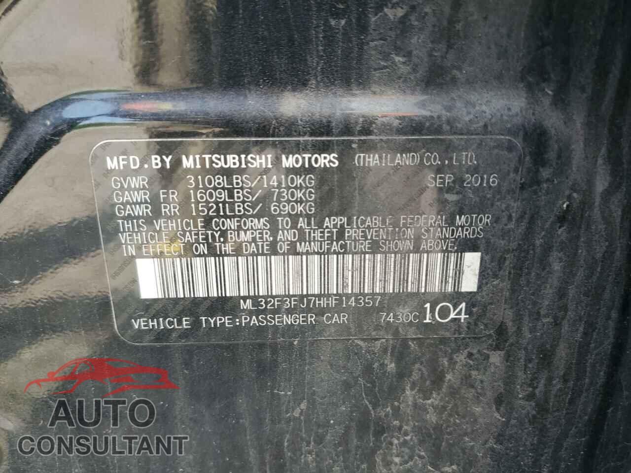 MITSUBISHI MIRAGE 2017 - ML32F3FJ7HHF14357