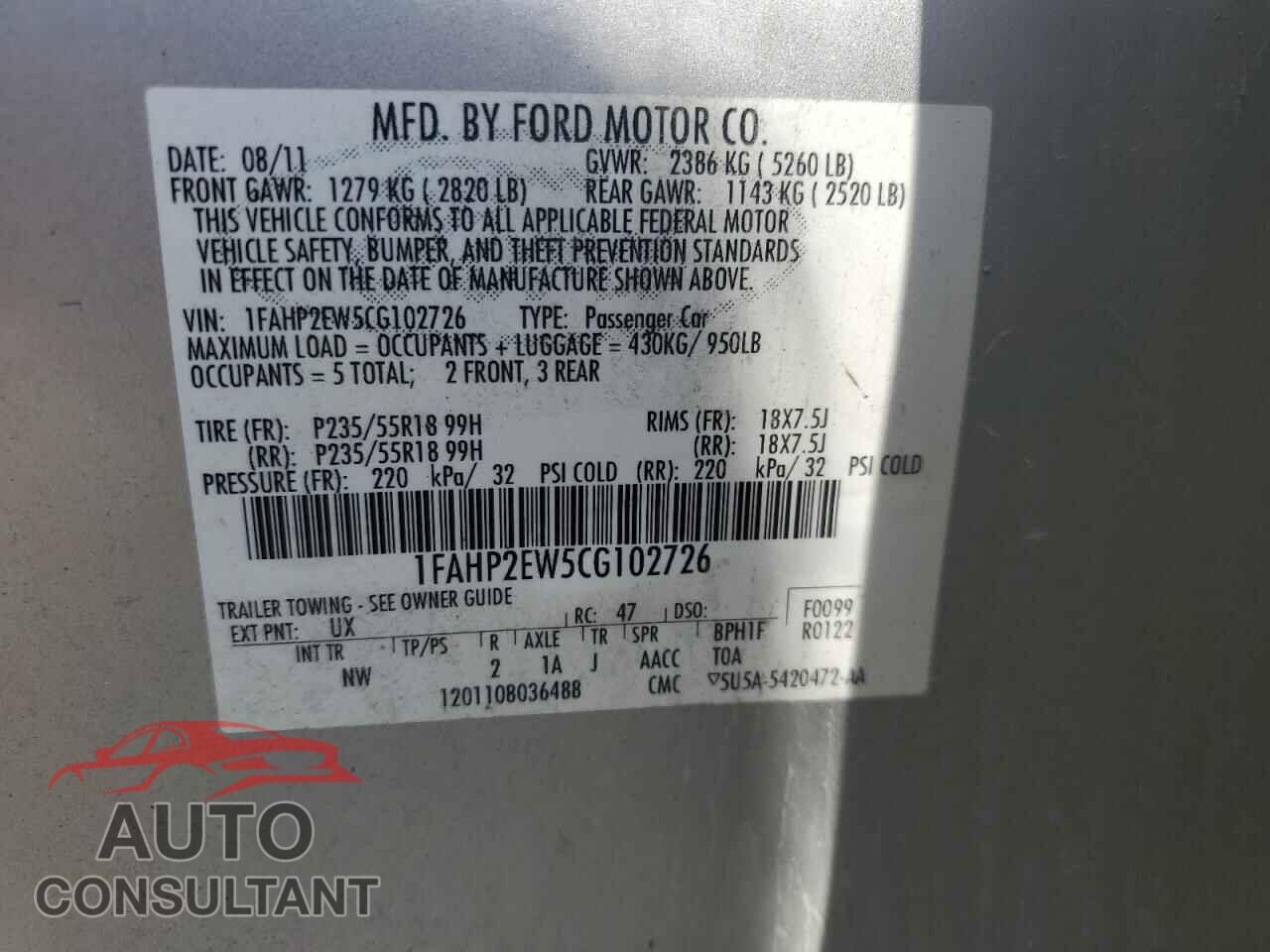 FORD TAURUS 2012 - 1FAHP2EW5CG102726