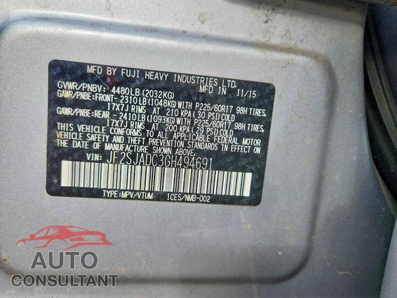 SUBARU FORESTER 2016 - JF2SJADC3GH494691