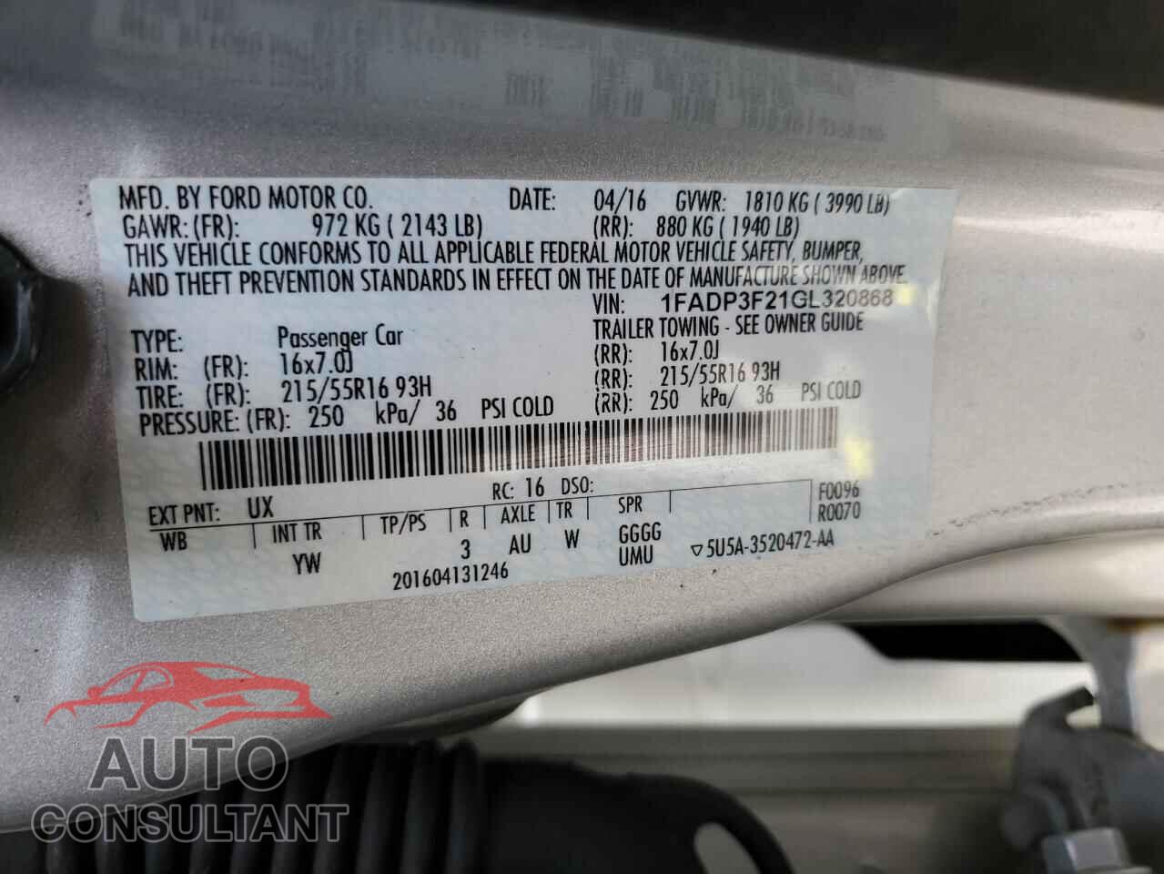 FORD FOCUS 2016 - 1FADP3F21GL320868
