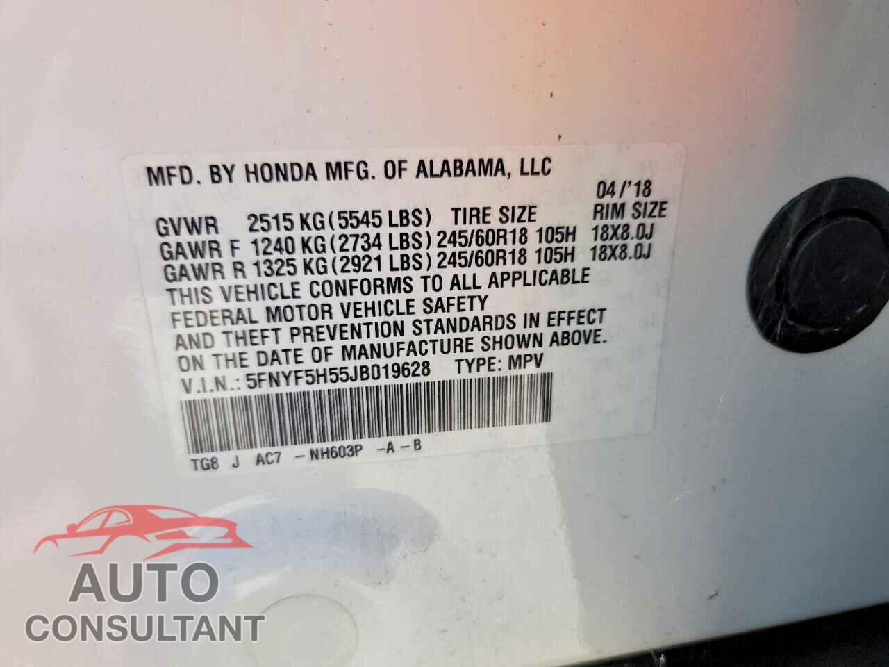 HONDA PILOT 2018 - 5FNYF5H55JB019628