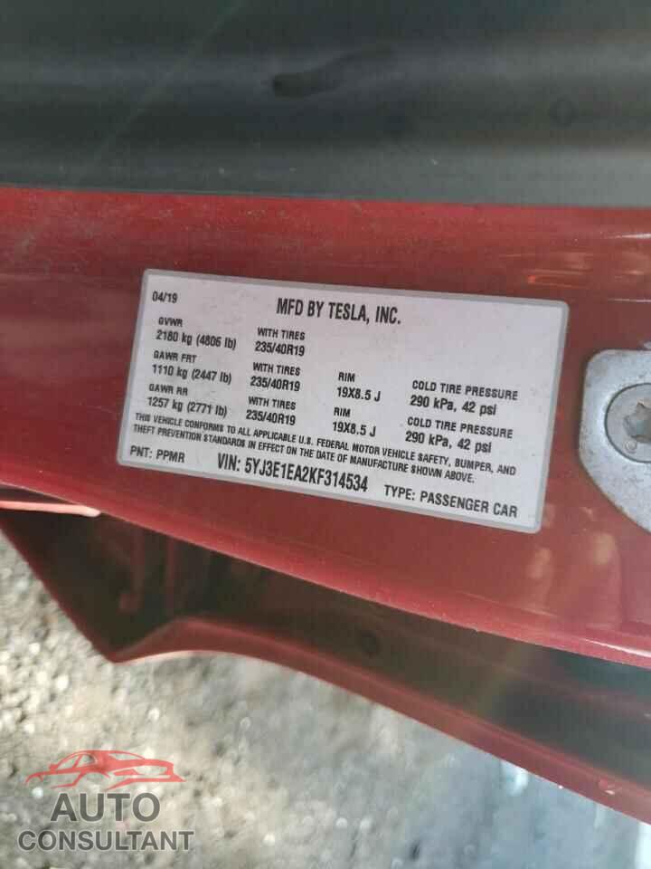 TESLA MODEL 3 2019 - 5YJ3E1EA2KF314534