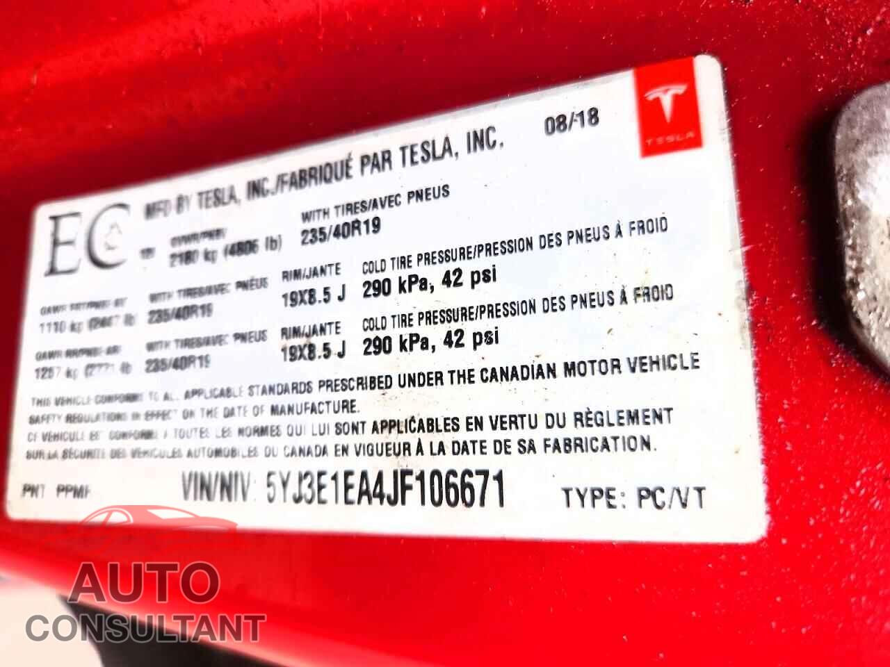 TESLA MODEL 3 2018 - 5YJ3E1EA4JF106671