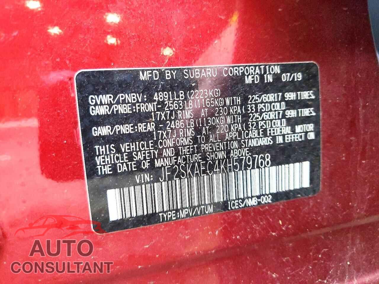 SUBARU FORESTER 2019 - JF2SKAEC4KH579768