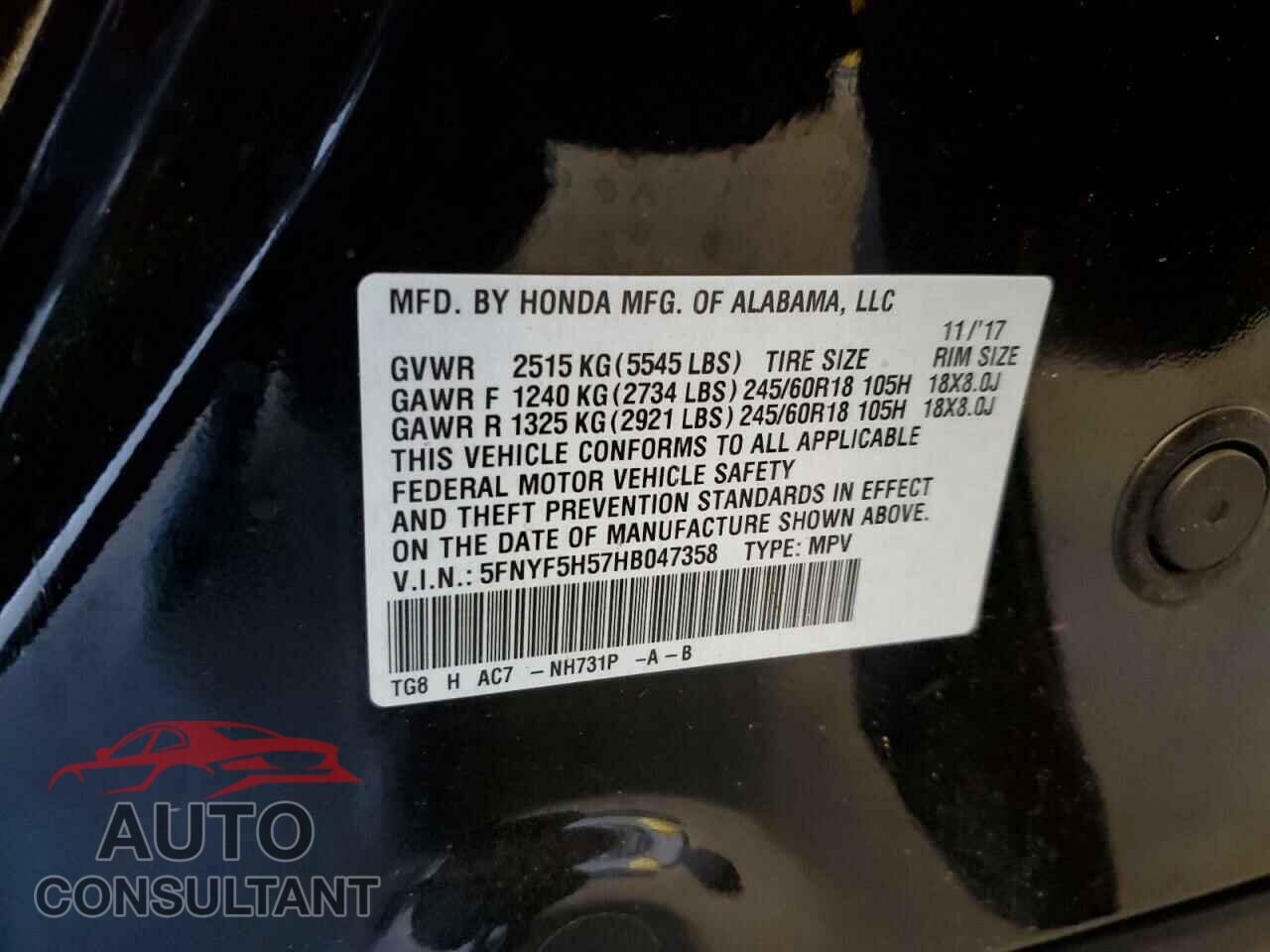 HONDA PILOT 2017 - 5FNYF5H57HB047358