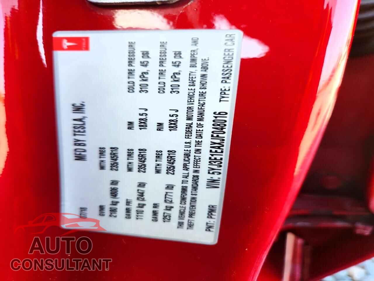 TESLA MODEL 3 2018 - 5YJ3E1EAXJF048016