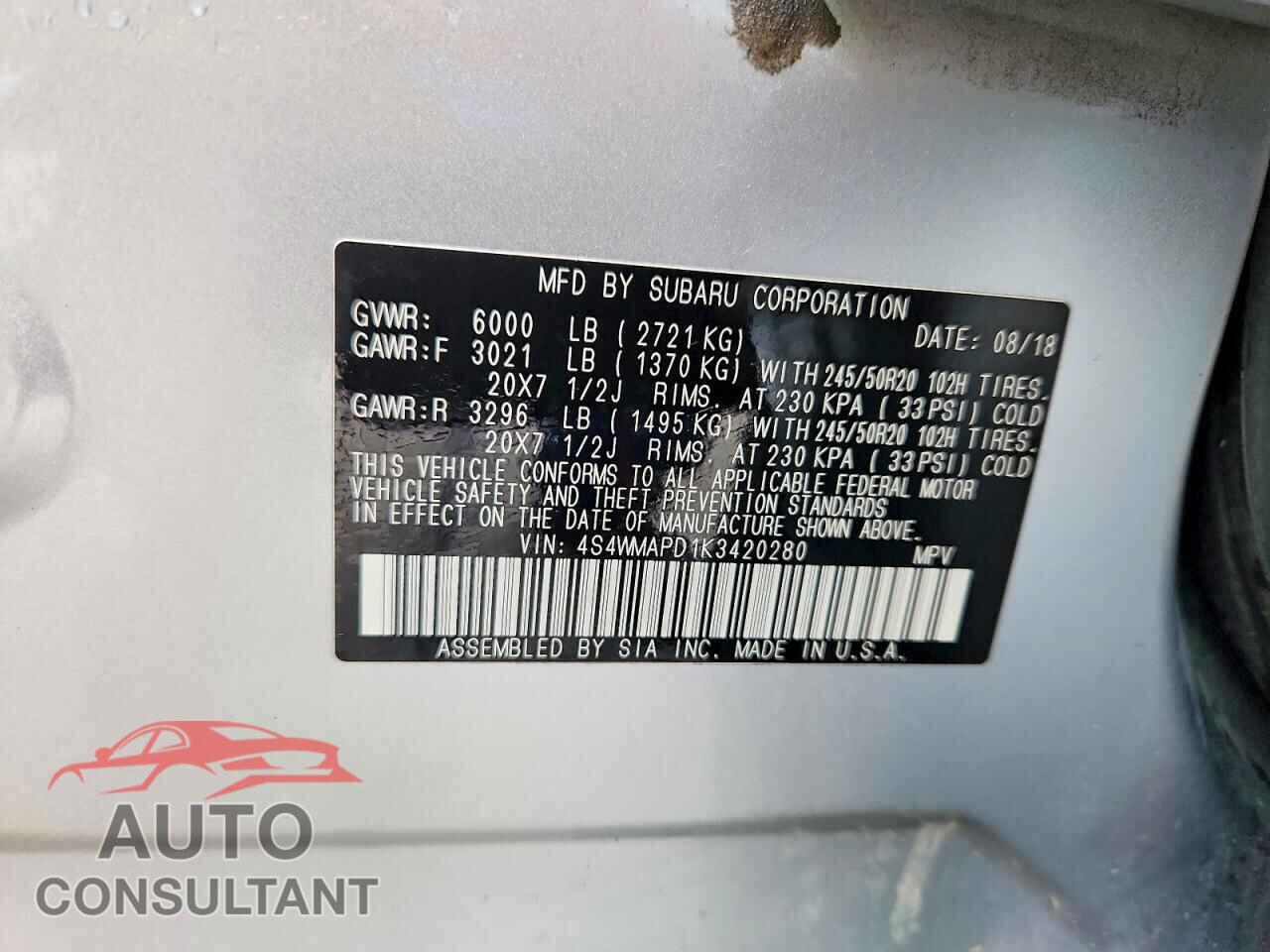 SUBARU ASCENT 2019 - 4S4WMAPD1K3420280
