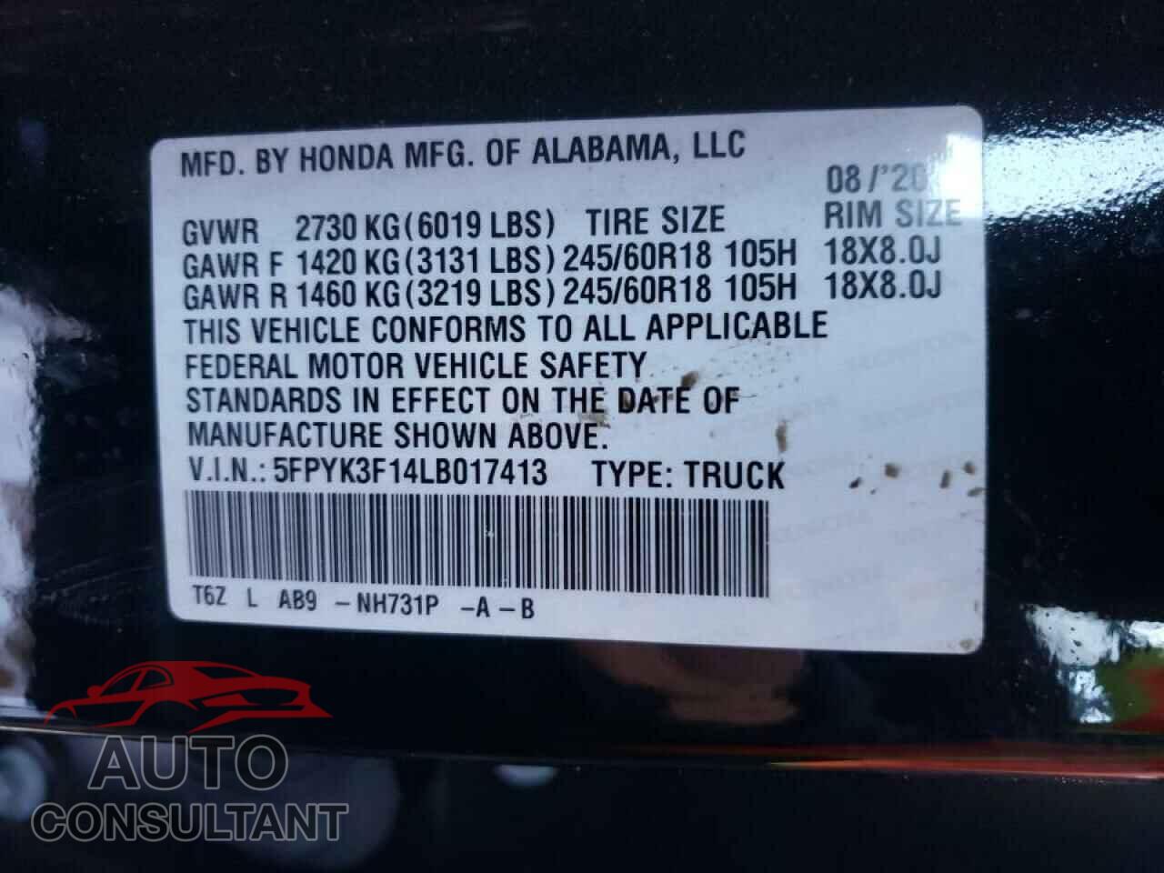 HONDA RIDGELINE 2020 - 5FPYK3F14LB017413