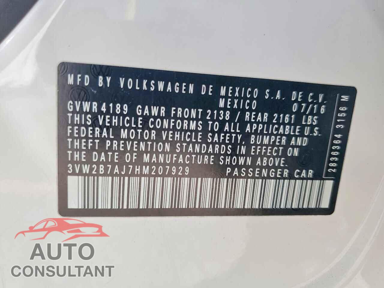 VOLKSWAGEN JETTA 2017 - 3VW2B7AJ7HM207929
