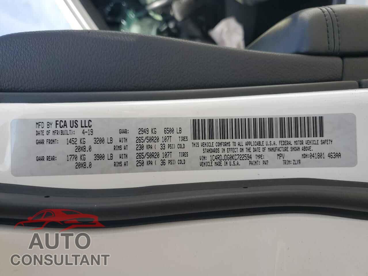 DODGE DURANGO 2019 - 1C4RDJDG0KC722594