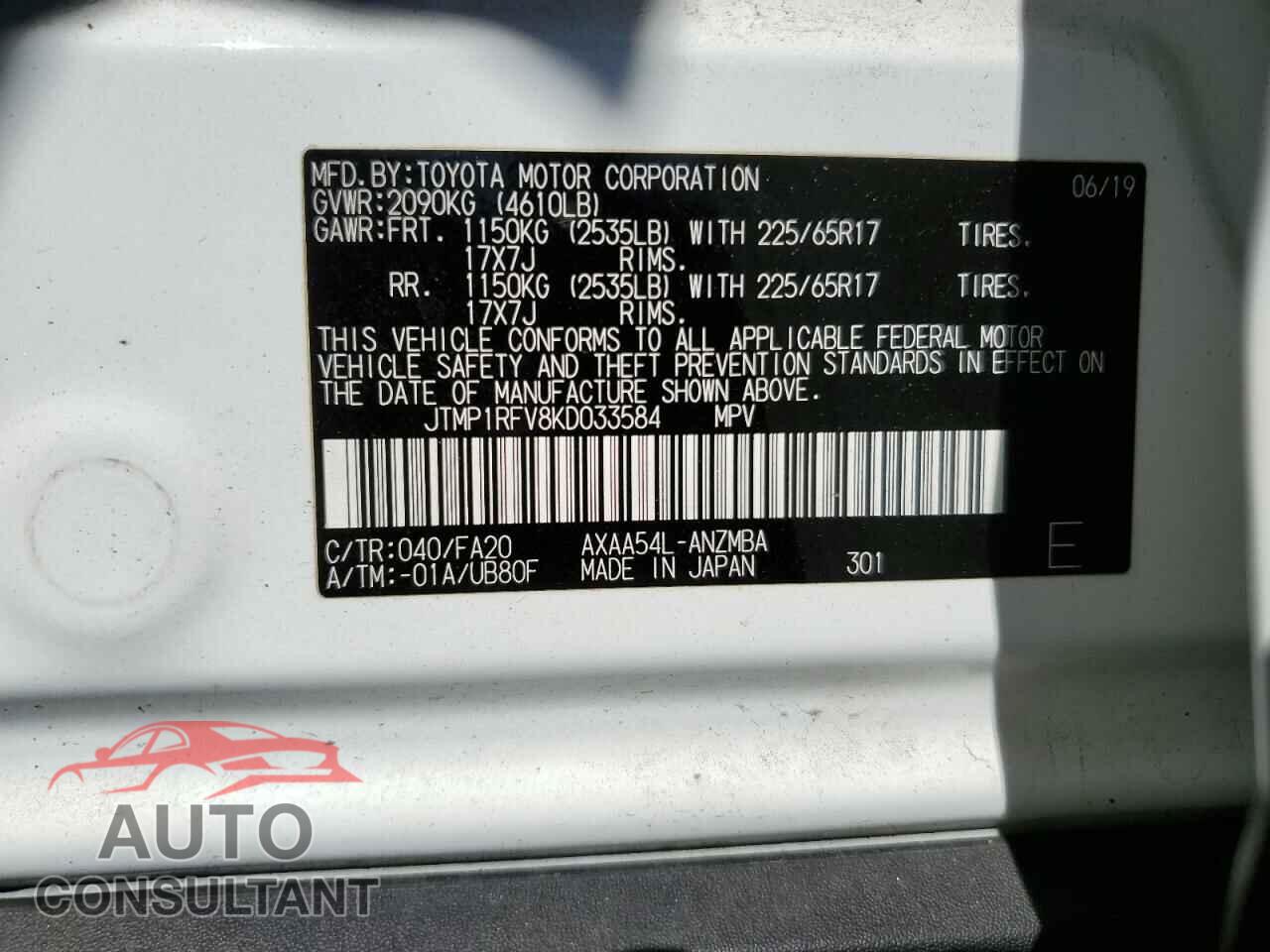 TOYOTA RAV4 2019 - JTMP1RFV8KD033584