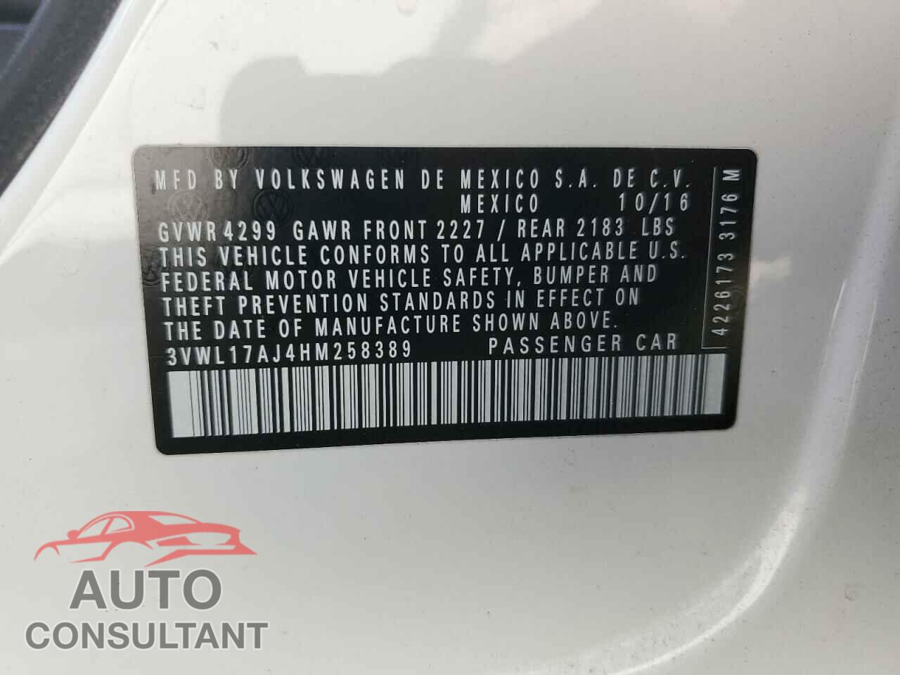 VOLKSWAGEN JETTA 2017 - 3VWL17AJ4HM258389