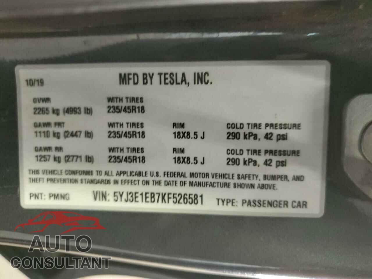 TESLA MODEL 3 2019 - 5YJ3E1EB7KF526581