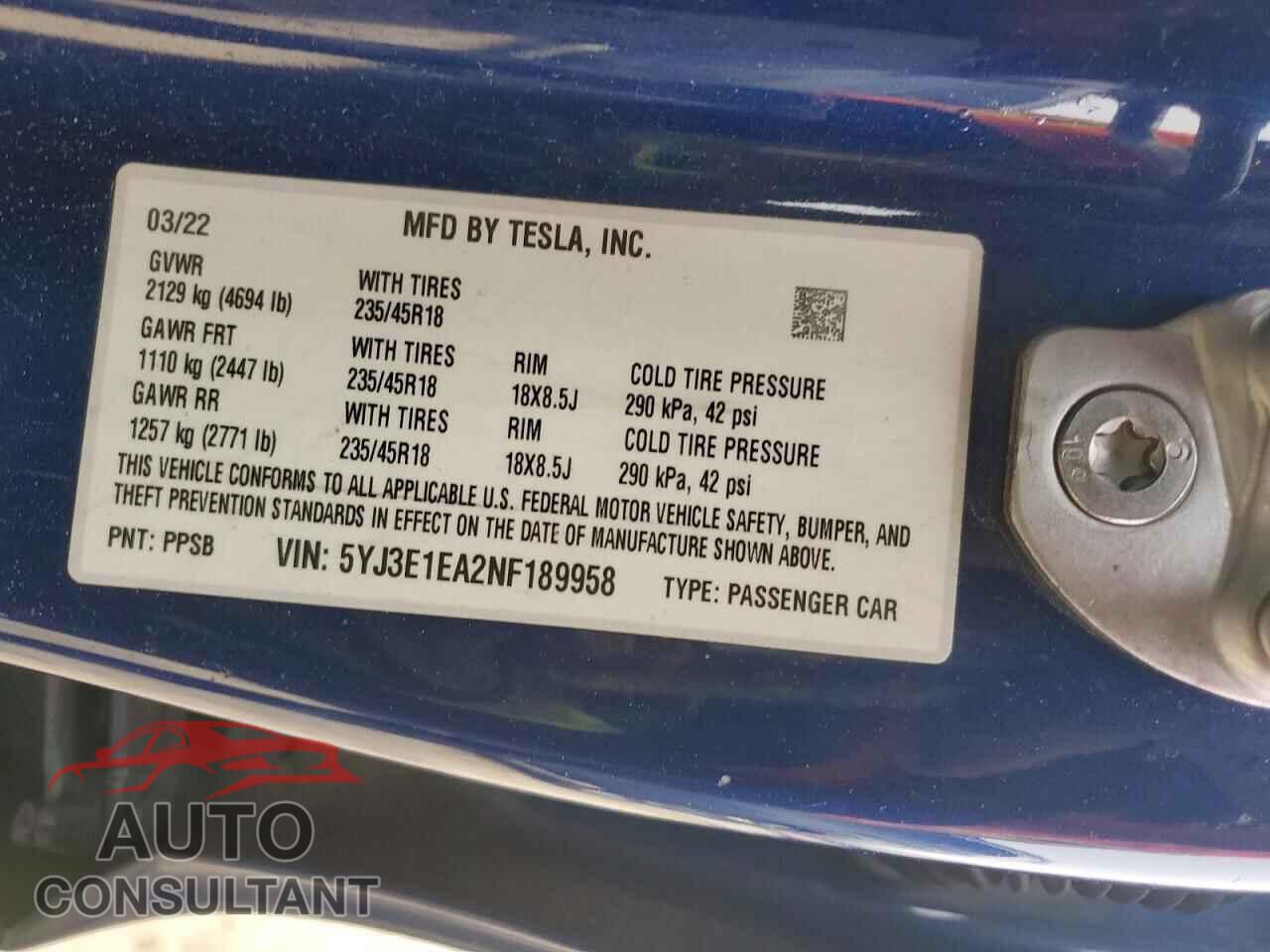 TESLA MODEL 3 2022 - 5YJ3E1EA2NF189958