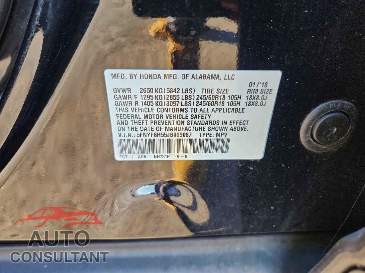 HONDA PILOT 2018 - 5FNYF6H55JB009087