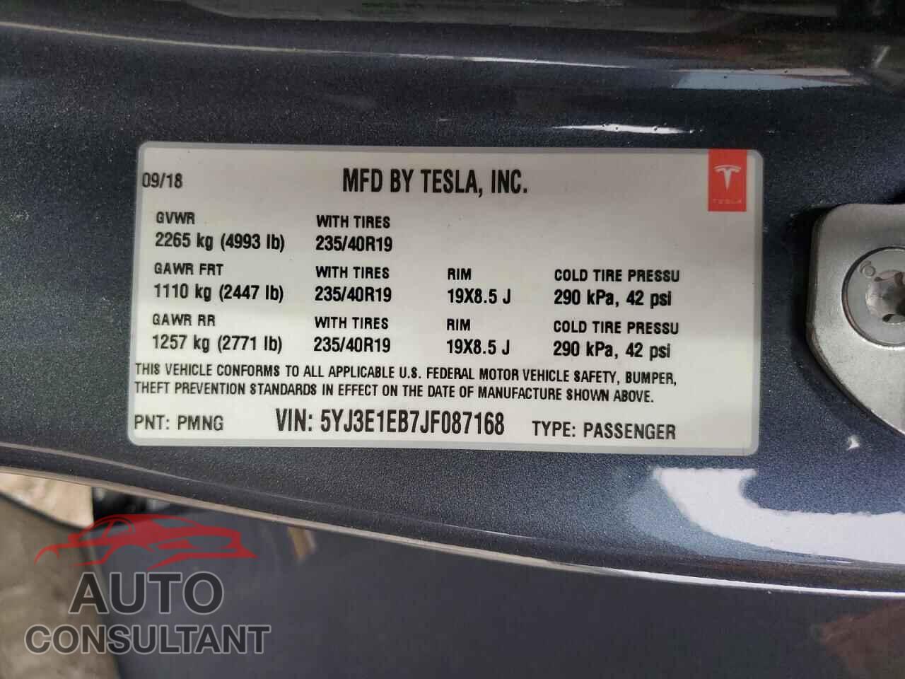 TESLA MODEL 3 2018 - 5YJ3E1EB7JF087168