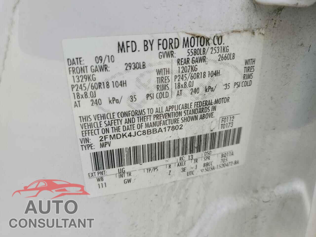 FORD EDGE 2011 - 2FMDK4JC8BBA17802