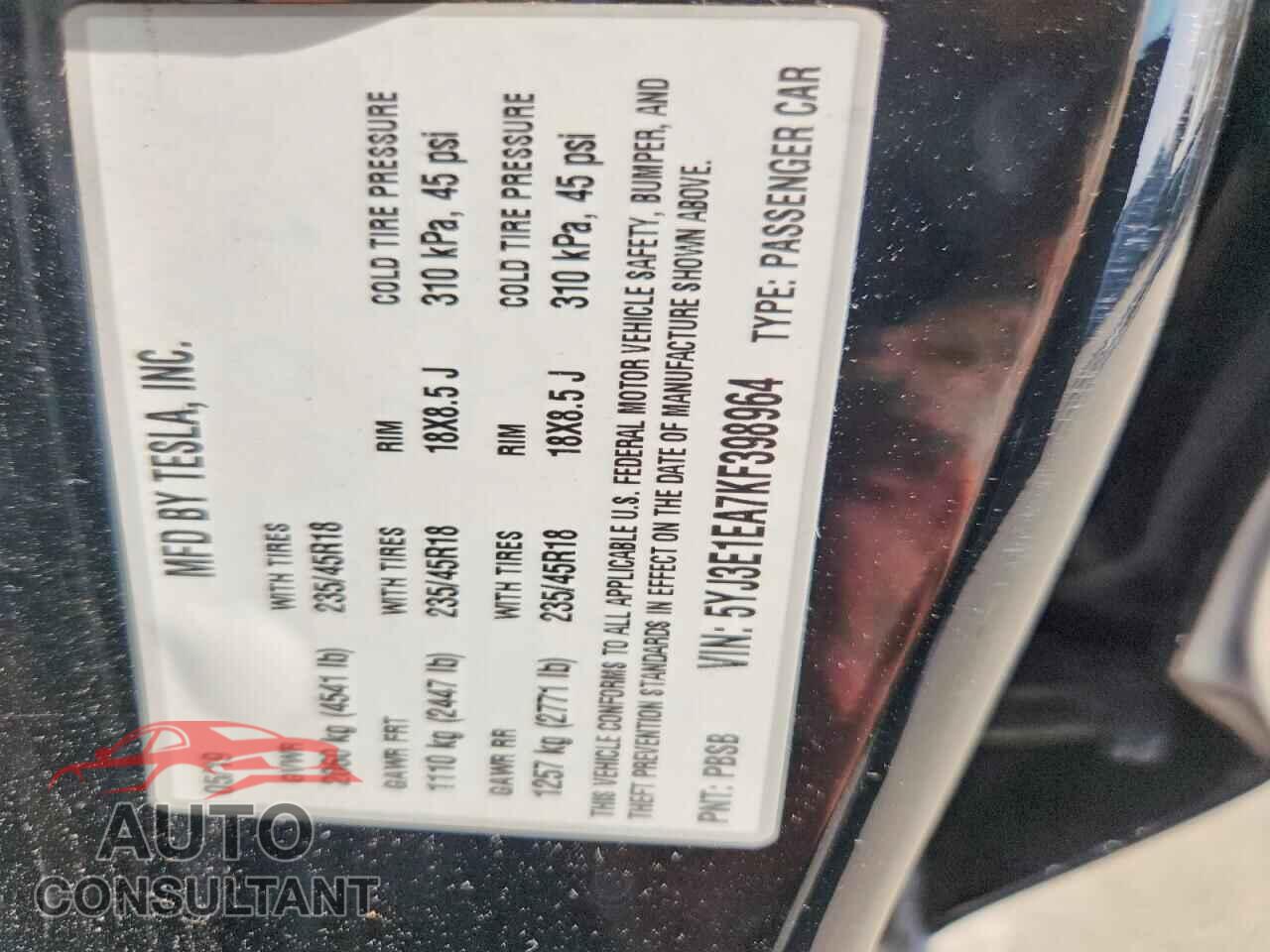 TESLA MODEL 3 2019 - 5YJ3E1EA7KF398964