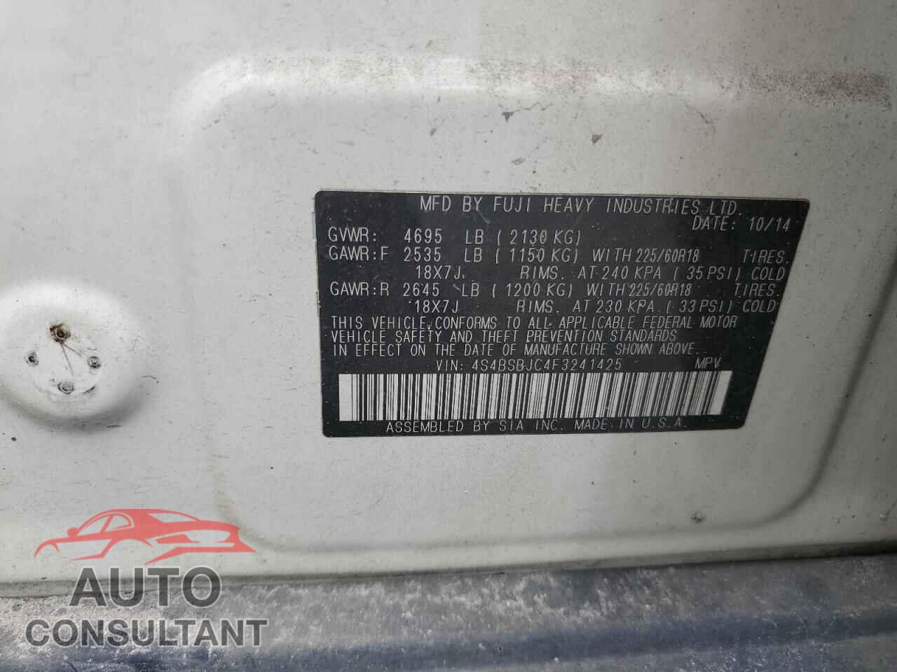 SUBARU OUTBACK 2015 - 4S4BSBJC4F3241425
