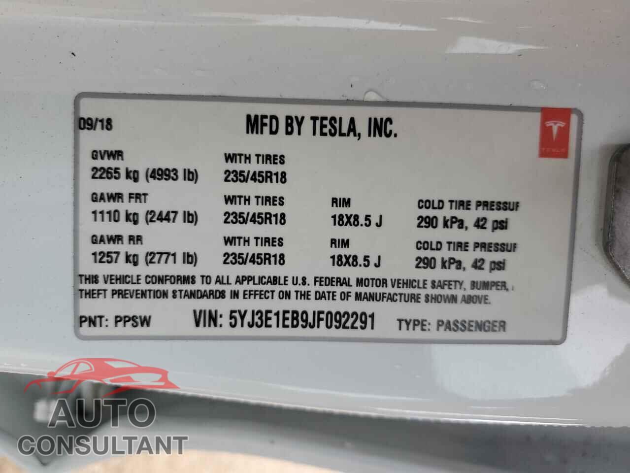 TESLA MODEL 3 2018 - 5YJ3E1EB9JF092291
