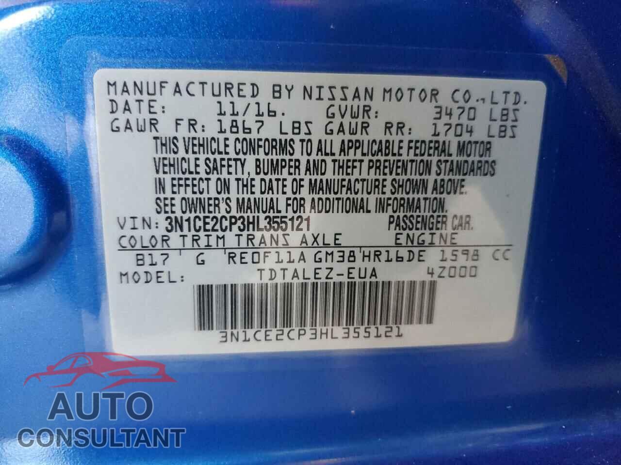 NISSAN VERSA 2017 - 3N1CE2CP3HL355121