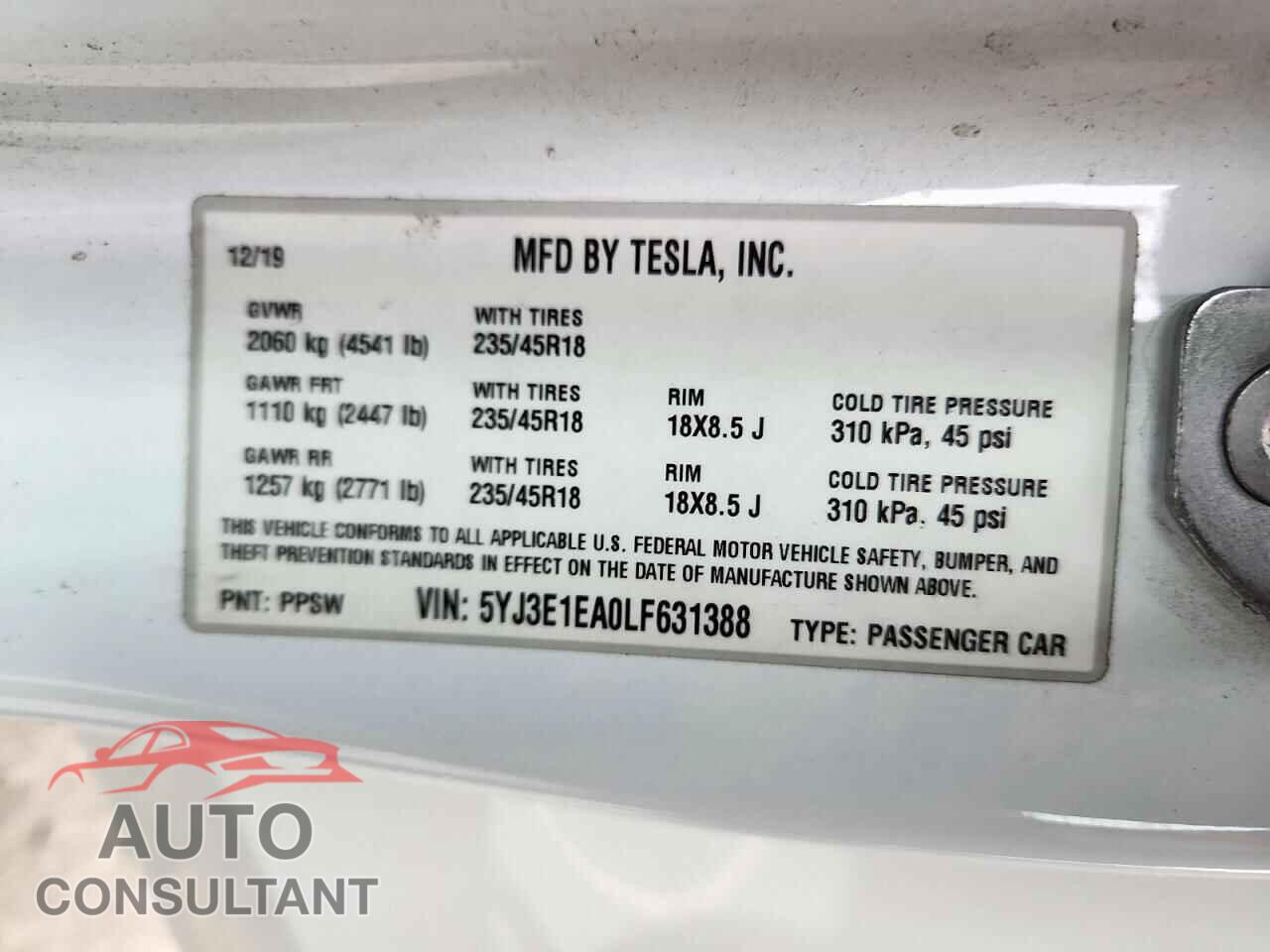 TESLA MODEL 3 2020 - 5YJ3E1EA0LF631388