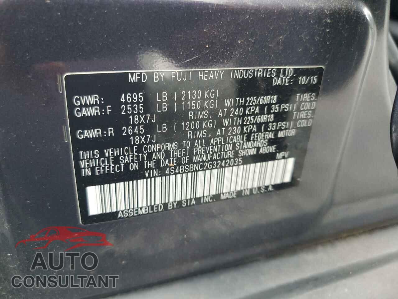 SUBARU OUTBACK 2016 - 4S4BSBNC2G3242035