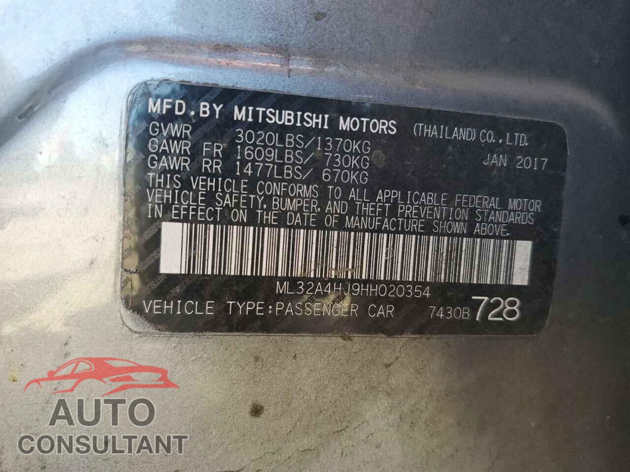 MITSUBISHI MIRAGE 2017 - ML32A4HJ9HH020354