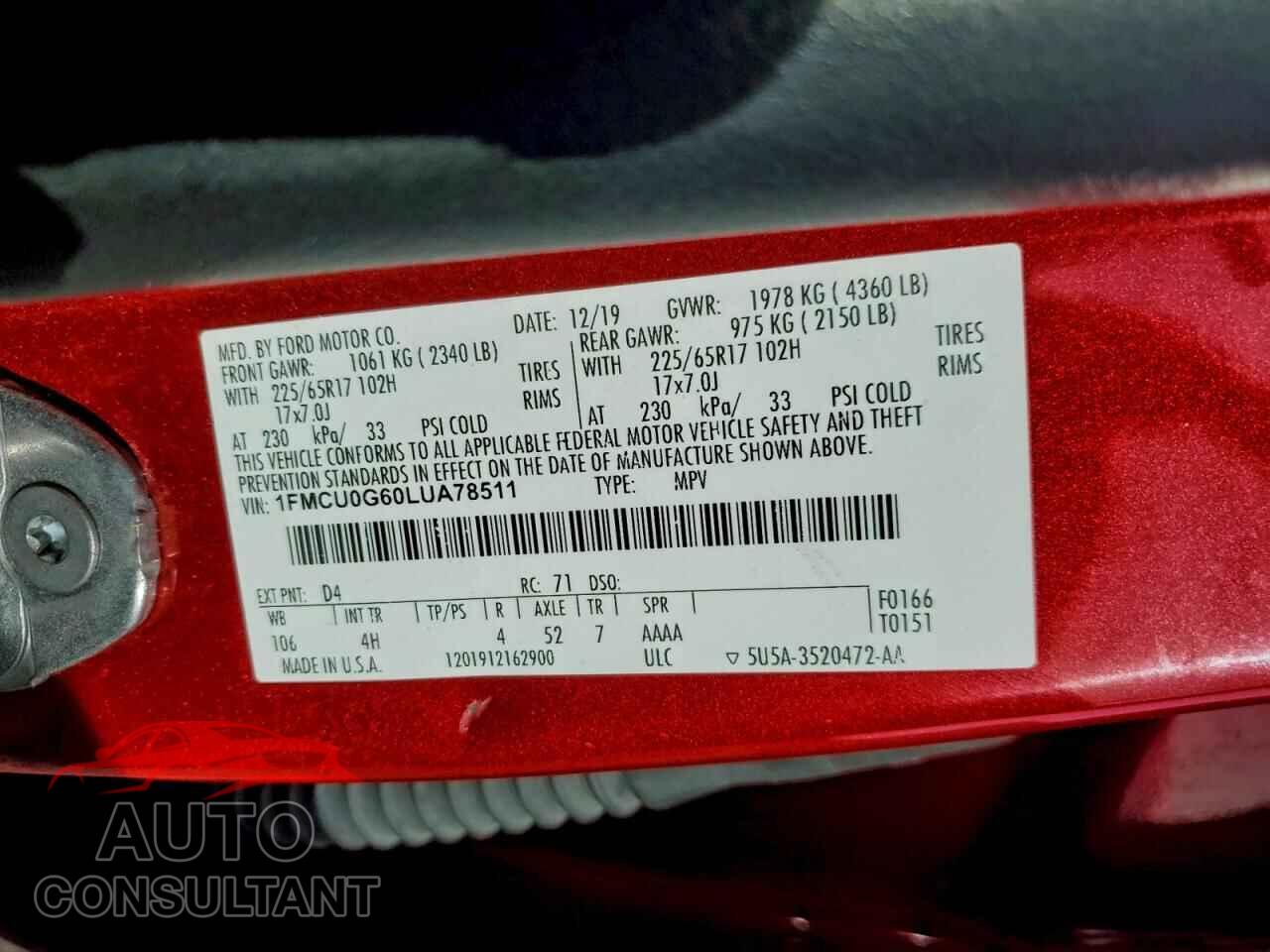 FORD ESCAPE 2020 - 1FMCU0G60LUA78511