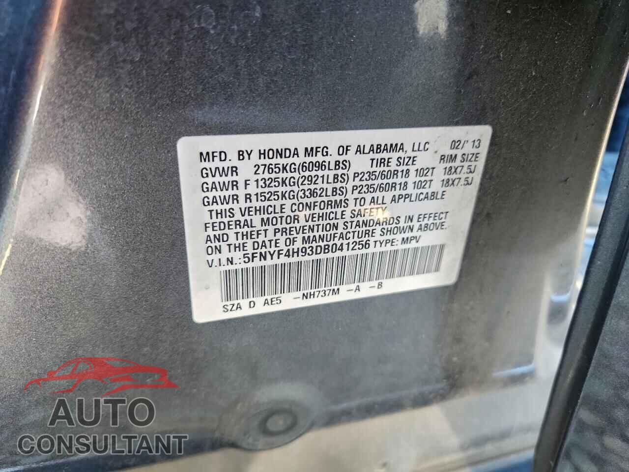 HONDA PILOT 2013 - 5FNYF4H93DB041256