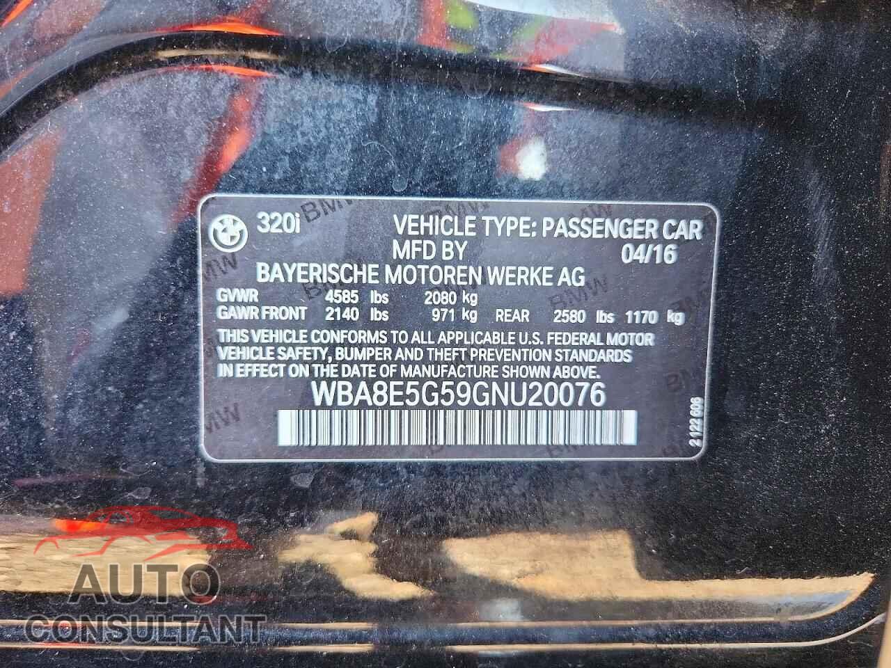 BMW 3 SERIES 2016 - WBA8E5G59GNU20076
