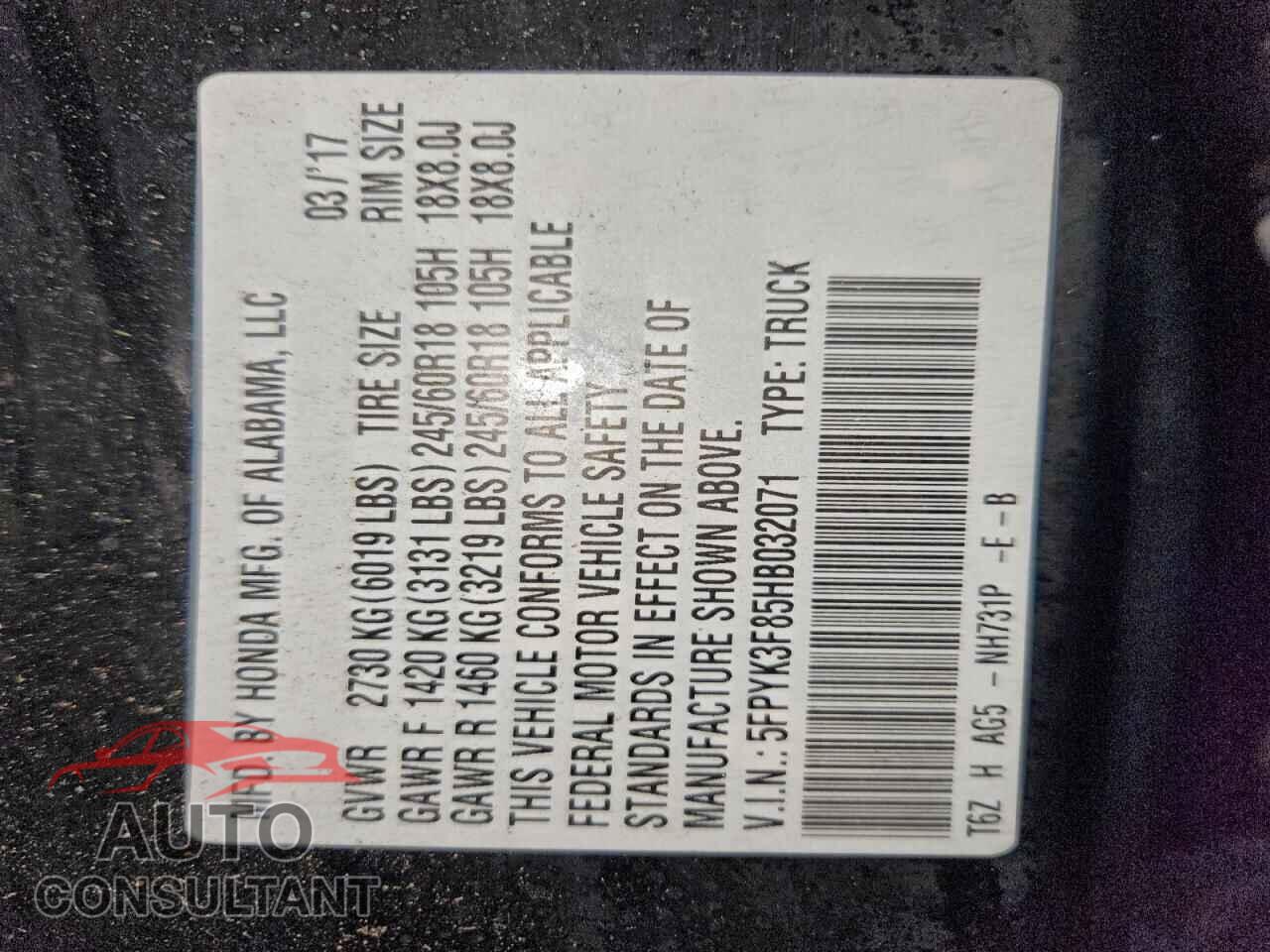 HONDA RIDGELINE 2017 - 5FPYK3F85HB032071
