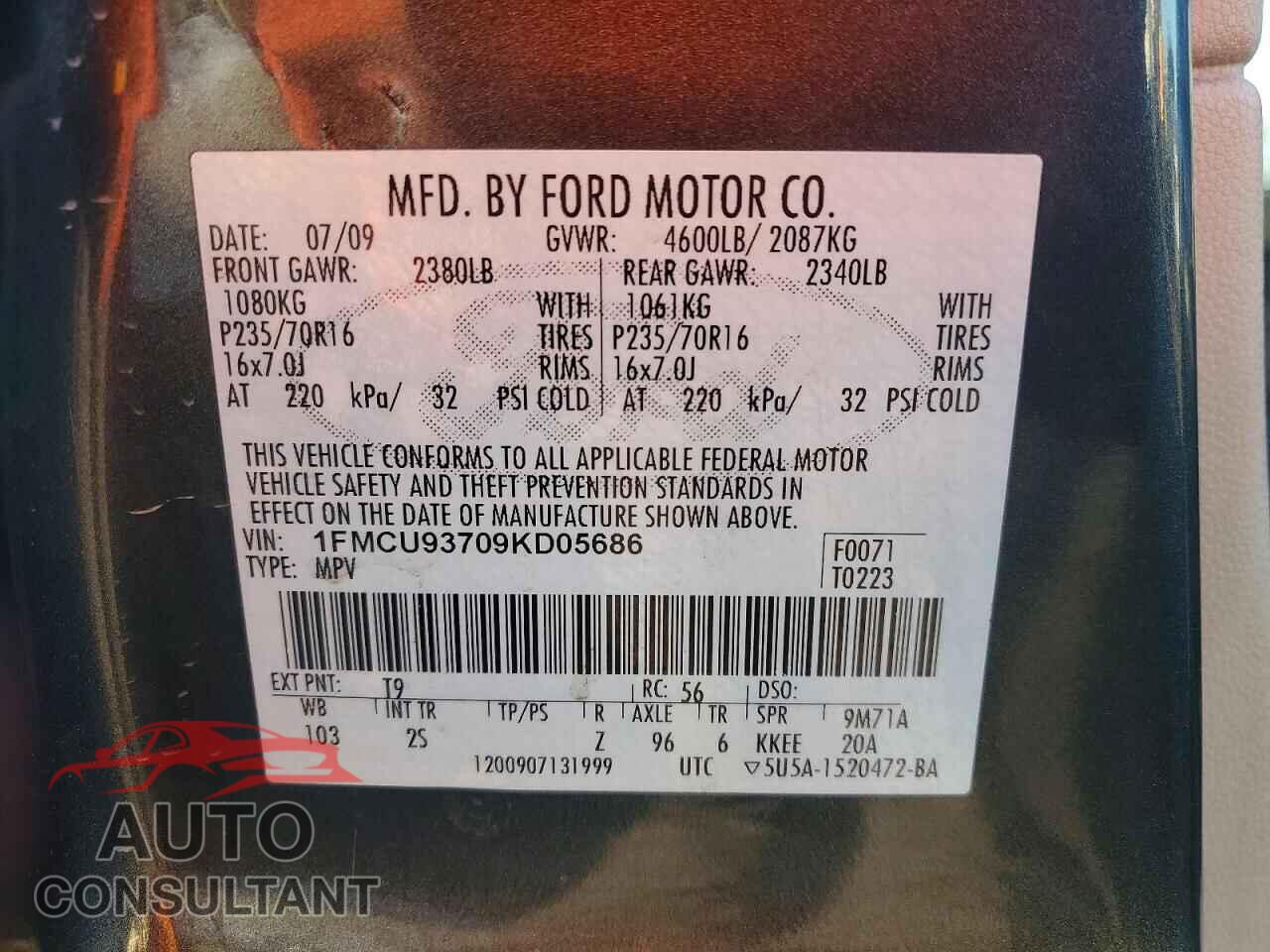 FORD ESCAPE 2009 - 1FMCU93709KD05686