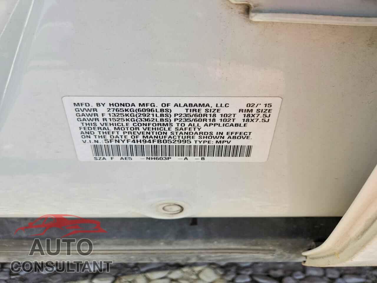 HONDA PILOT 2015 - 5FNYF4H94FB052995