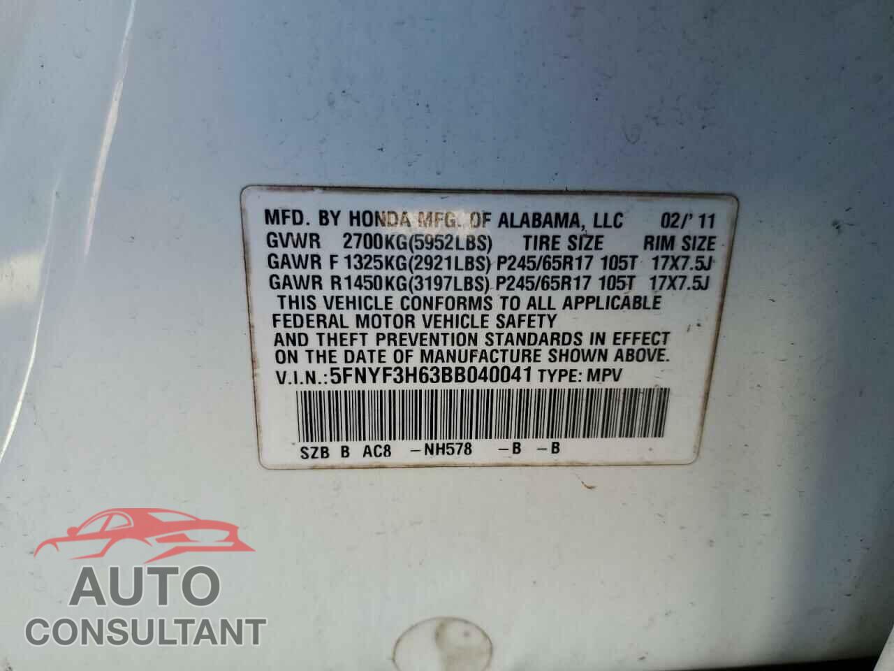 HONDA PILOT 2011 - 5FNYF3H63BB040041