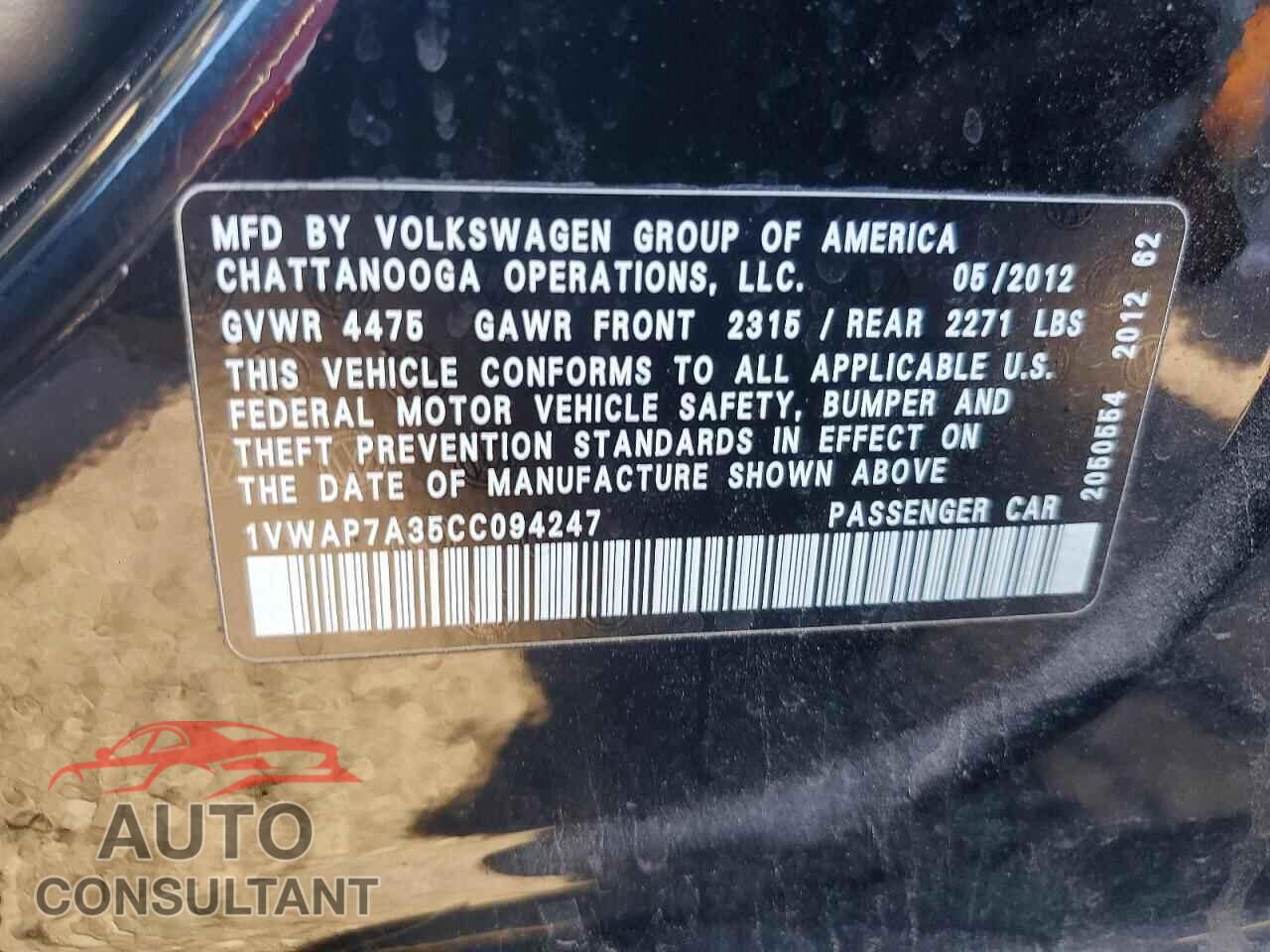 VOLKSWAGEN PASSAT 2012 - 1VWAP7A35CC094247