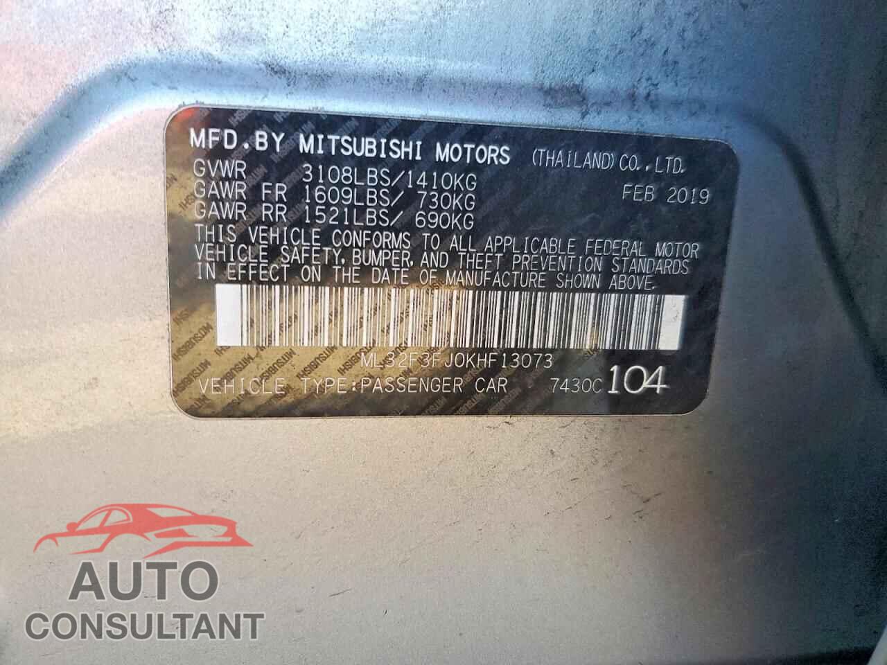 MITSUBISHI MIRAGE 2019 - ML32F3FJ0KHF13073