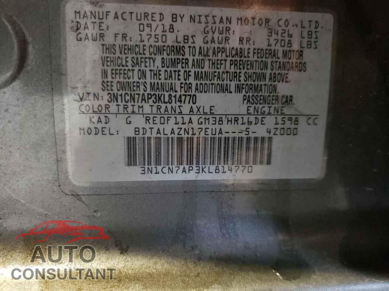 NISSAN VERSA 2019 - 3N1CN7AP3KL814770