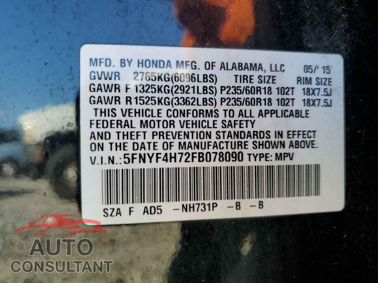 HONDA PILOT 2015 - 5FNYF4H72FB078090