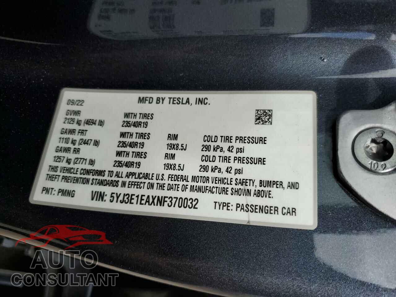 TESLA MODEL 3 2022 - 5YJ3E1EAXNF370032