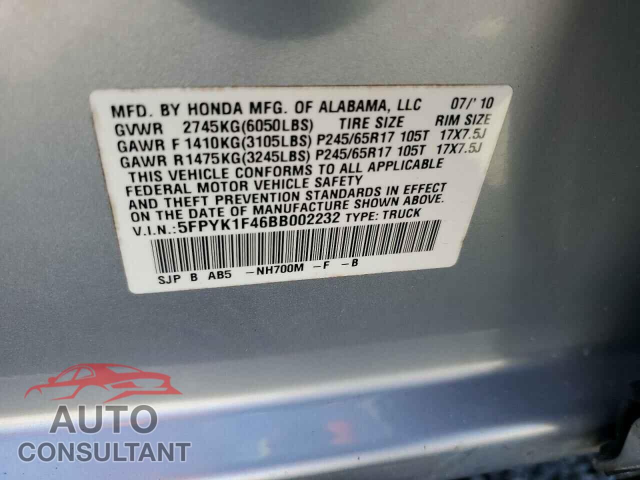 HONDA RIDGELINE 2011 - 5FPYK1F46BB002232