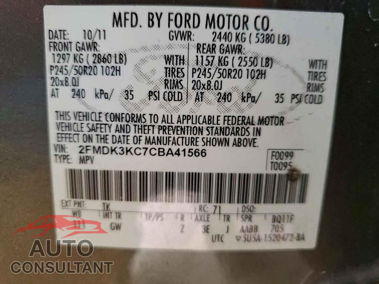 FORD EDGE 2012 - 2FMDK3KC7CBA41566