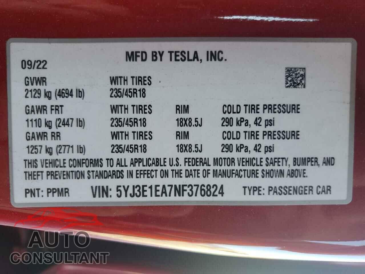 TESLA MODEL 3 2022 - 5YJ3E1EA7NF376824