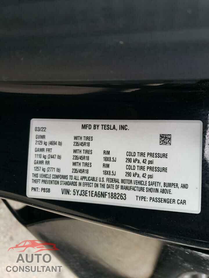 TESLA MODEL 3 2022 - 5YJ3E1EA6NF188263