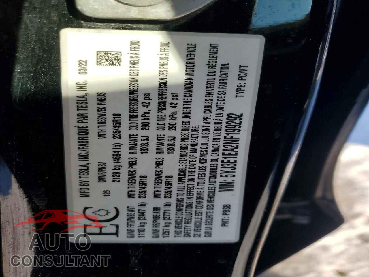 TESLA MODEL 3 2022 - 5YJ3E1EA2NF199292