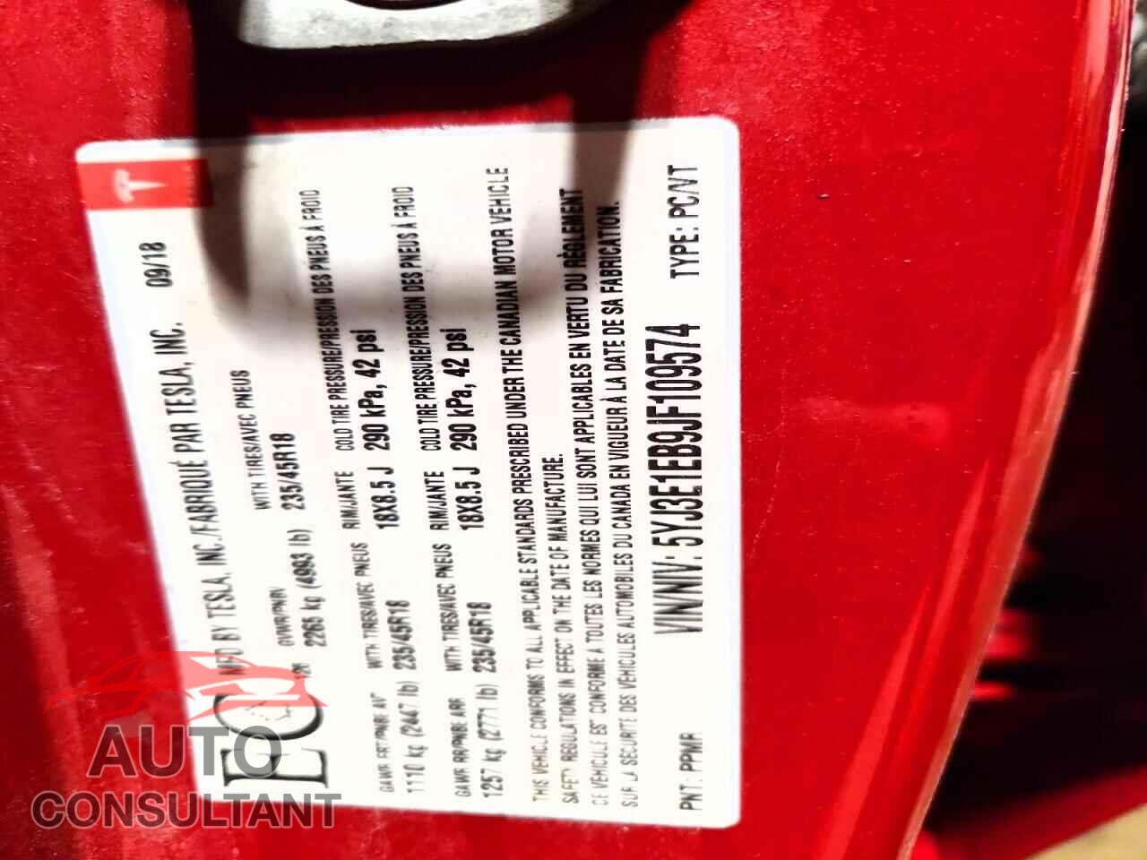 TESLA MODEL 3 2018 - 5YJ3E1EB9JF109574