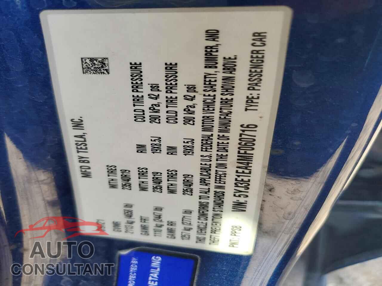 TESLA MODEL 3 2021 - 5YJ3E1EA4MF060716